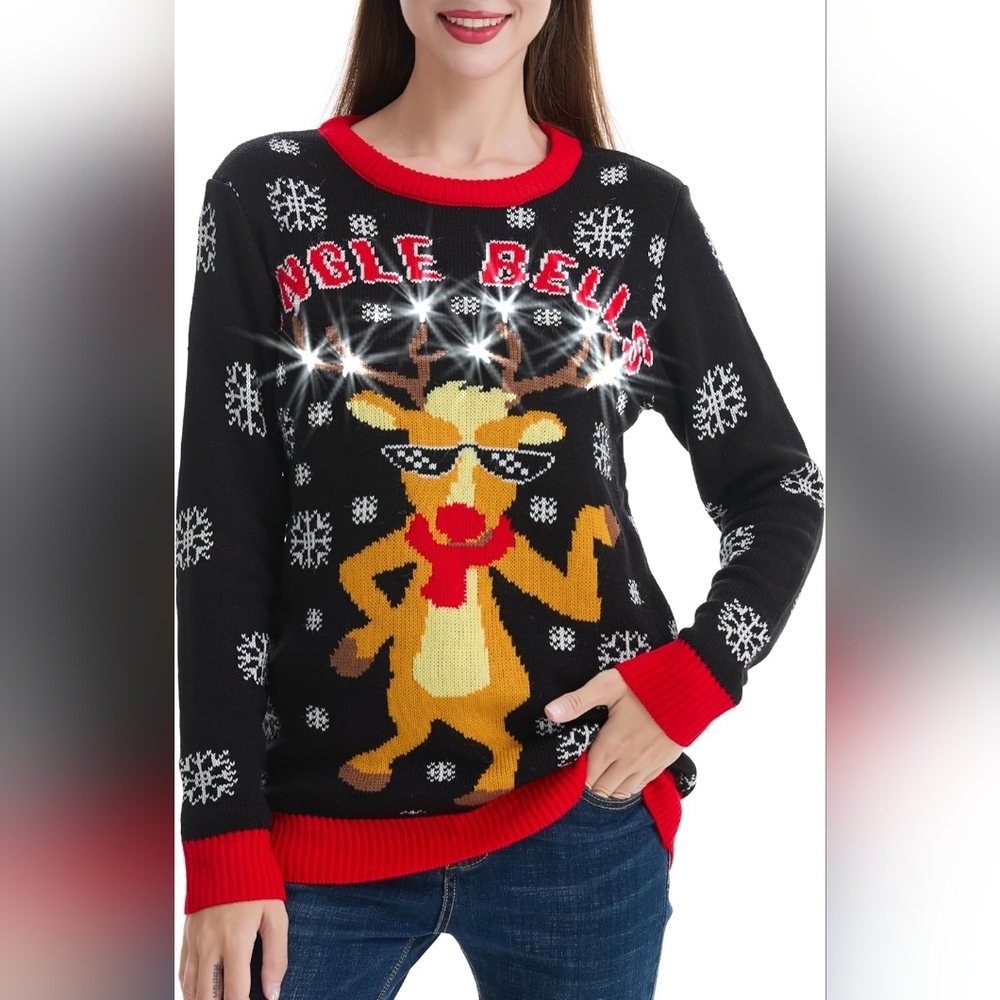 Daisys Boutique Festive Black Reindeer Ugly Sweater & Blinking Lights, Sz L, NWT